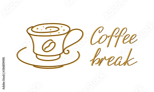 Coffee cup with saucer and coffee break hand lettering on a white background. Vector Icon  logo for coffee house  coffee shop  cafe  restaurant  cafeteria  packaging  wrapper  menu  label or signboard