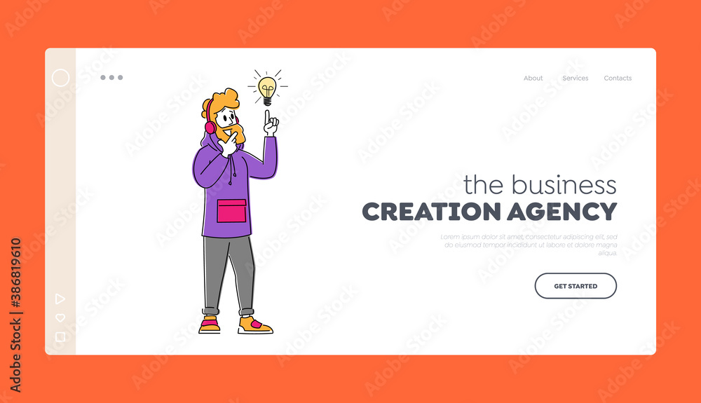 Creative Idea Landing Page Template. Businessman Character Wearing Hipster Clothes and Headphones Pointing to Light Bulb