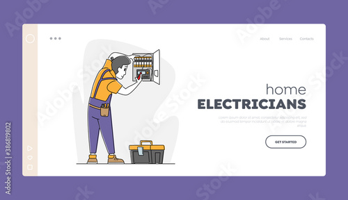 Fire, Energy and Electrical Safety Signaling System Landing Page Template. Electrician in Robe Install Working Draft