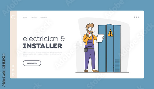 Electrician Examine Working Draft at Dashboard Landing Page Template. Worker Character Work with Electric Meter Tester