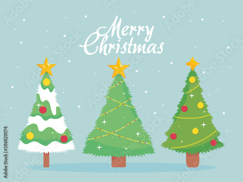 Merry christmas design with three cute christmas trees