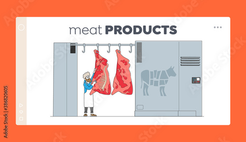 Butchery Manufacture Industry Landing Page Template. Butcher Character Stand at Cow Carcass Hang on Hook at Meat Factory