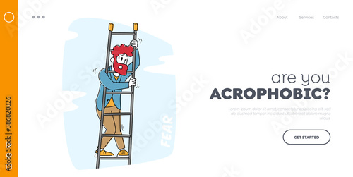 Acrophobia Landing Page Template. Frightened Man Stand on Ladder Feeling Fear of Height. Stress, Emotional Imbalance