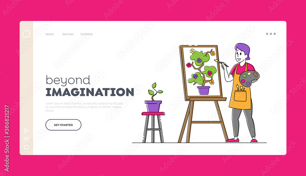Creative Hobby, Drawing Art Class, Workshop Landing Page Template. Artist Female Character with Paints and Brush in Hand Creative Hobby, Drawing Art Class, Workshop Landing Page Template. Artist Female Character with Paints and Brush in Hand