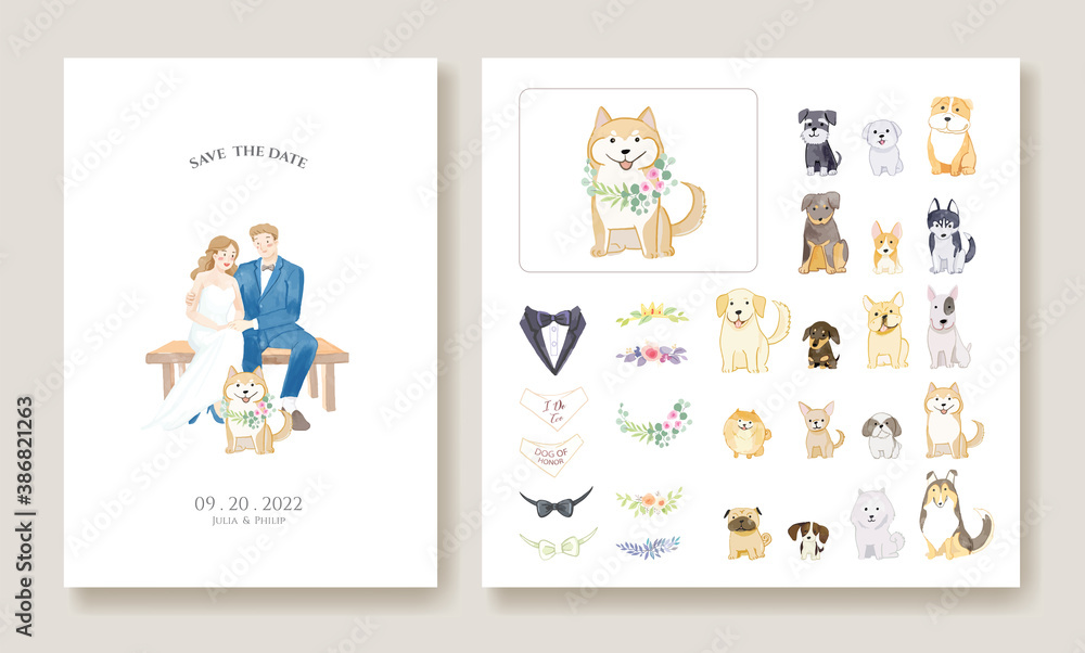 wedding invitation cards, save the date template. Bride and groom with their dog image. Dog and floral decorative are editable. Vector. wedding invitation cards, save the date template. Bride and groom with their dog image. Dog and floral decorative are editable. Vector.