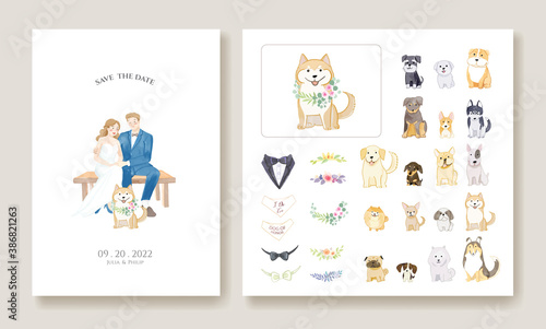 wedding invitation cards, save the date template. Bride and groom with their dog image.  Dog and floral decorative are editable. Vector.