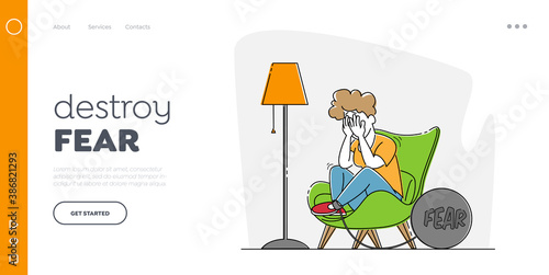 Fear, Mental Disorder Landing Page Template. Woman with Panic Attack Crying Sit in Armchair with Heavy Bob a on Leg