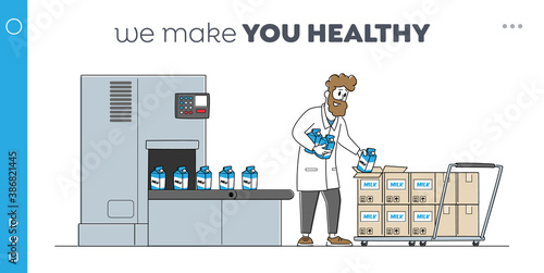 Dairy Food Packaging, Automation Landing Page Template. Man Plant Worker Take Milk Packages from Factory Conveyor