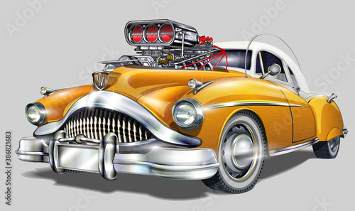 Vintage Hot Rod car isolated on white background.  