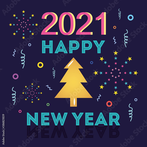 2021 happy new year lettering gold tree memphis geometric black background