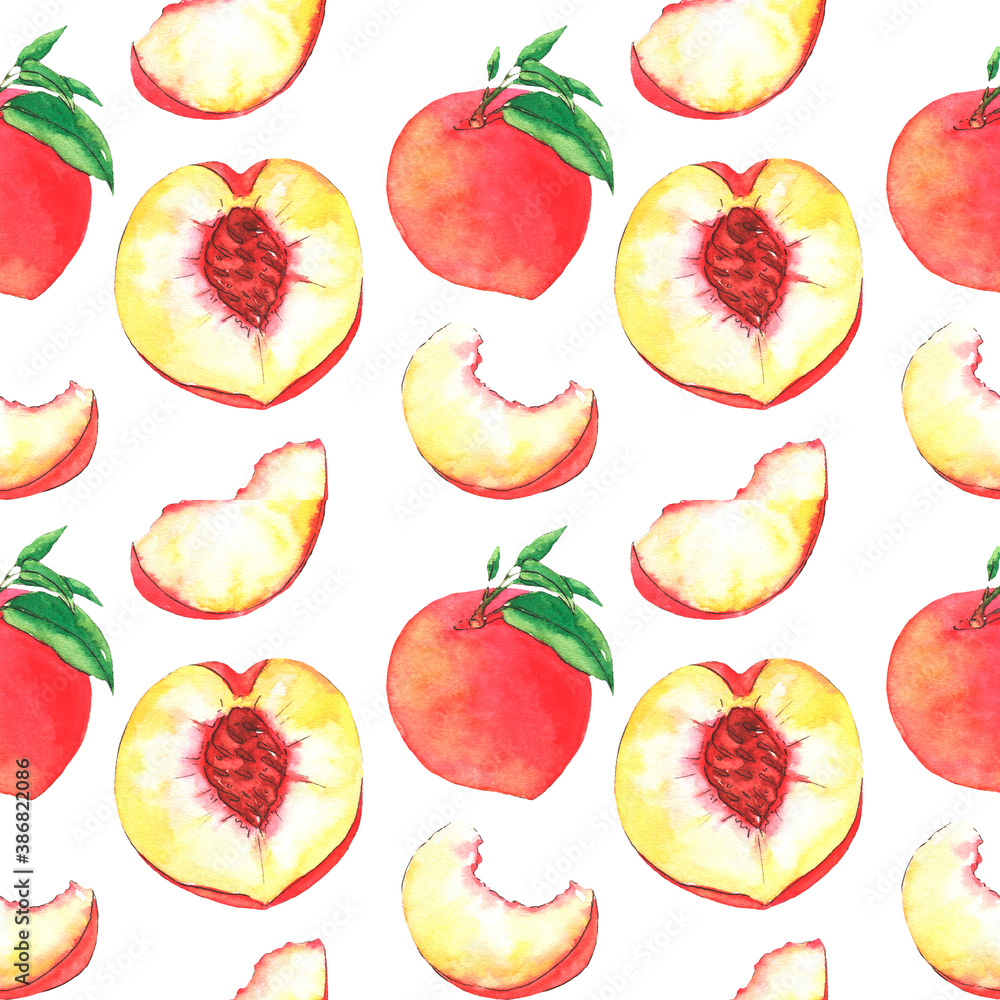 Seamless watercolor pattern with peaches and leaves Seamless watercolor pattern with peaches and leaves