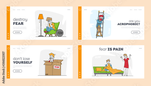 Characters Feel Fear Landing Page Template Set. Woman Crying with Chain on Leg, Man Sitting in Box, Yelling and Sweating
