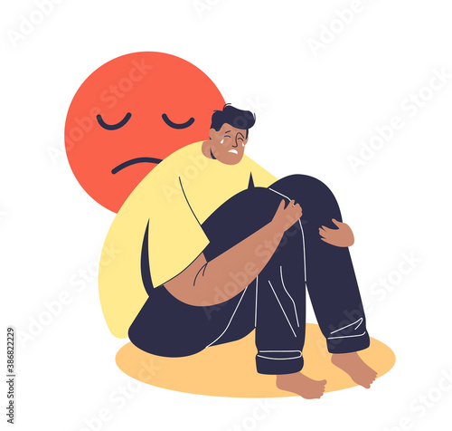 Lonely and depressed man sitting and crying. Cartoon male character in bad mood