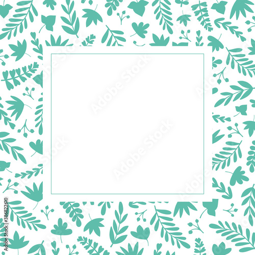 Leaf border frame design background, cute green woodland foliage silhouette border. Vector template illustration. 