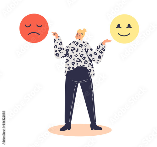 Bad and good mood concept with woman choosing between happy and sad faces