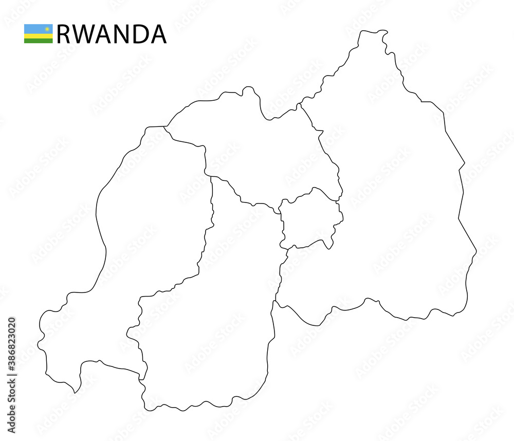 Rwanda map, black and white detailed outline regions of the country.