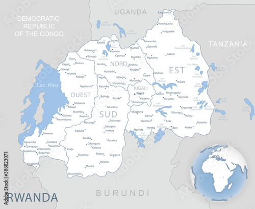 Blue-gray detailed map of Rwanda administrative divisions and location on the globe.