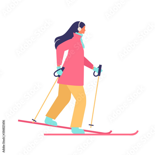 People performing winter sports activities. Skiing people.