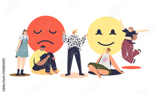 People in good and bad mood. Happy and upset cartoon characters in different emotions