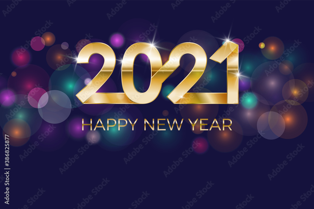 2021, Happy New Year. Banner or invitation, party poster gold glittering stars confetti glitter decoration. Greeting card with silver inscription Happy New Year 2021. Vector Illustration.