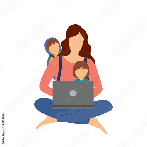Busy mom carry her baby while working with laptop computer. Single mom taking care of her son and daughter alone. Single parent family.

