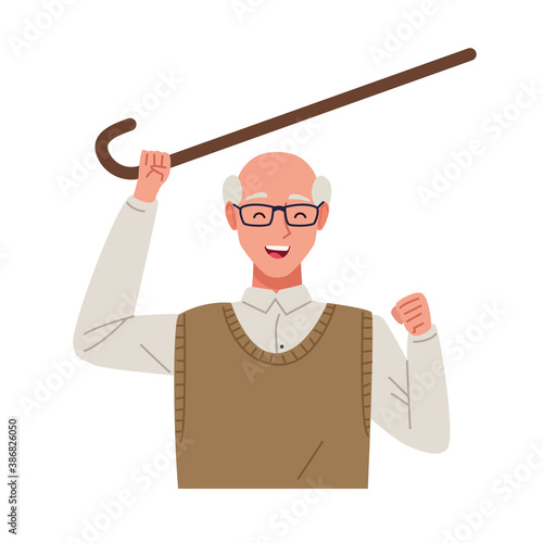 happy old man celebrating with cane chararacter