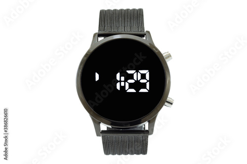 Round smartwatch with black matte style strap, black dial face and digital numerals, isolated on white background.