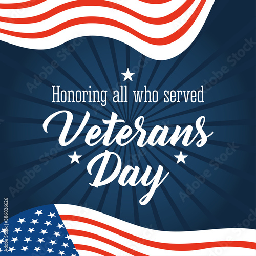 happy veterans day, handwritten font with american flags on blue rays background