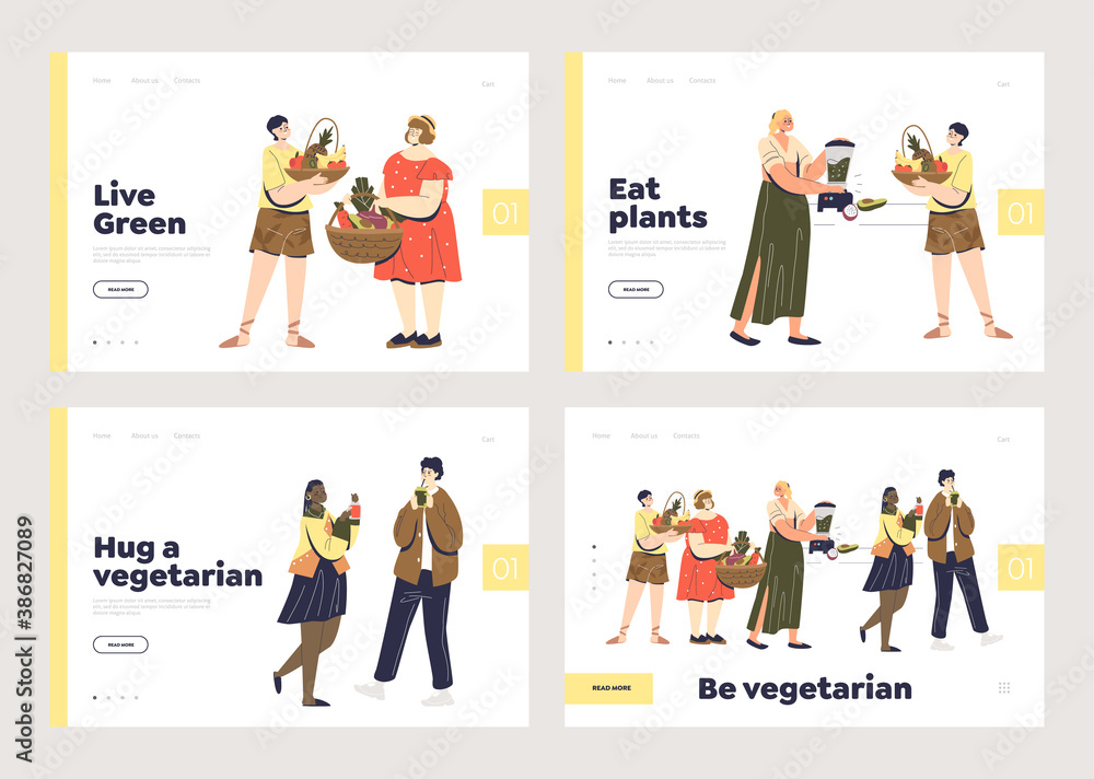 Vegan and vegetarian landing pages set with modern young people eating vegetables and fruits Vegan and vegetarian landing pages set with modern young people eating vegetables and fruits