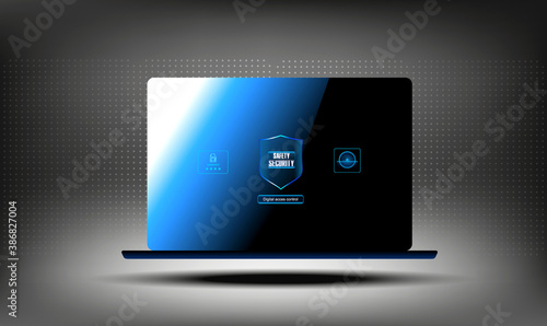Laptop with security shield. The concept of protecting your computer from unauthorized entry. The security of your data. Cyber technologies and protection of your software. Access control system
