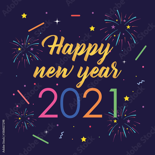2021 happy new year greeting card text fireworks memphis geometric black background