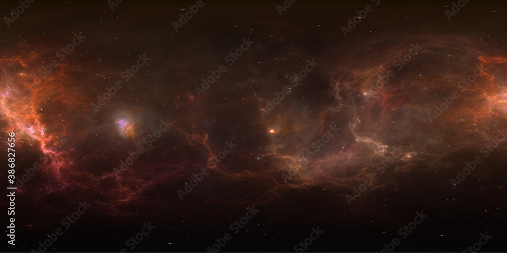 Fototapeta premium 360 degree equirectangular projection space background with nebula and stars, environment map. HDRI spherical panorama