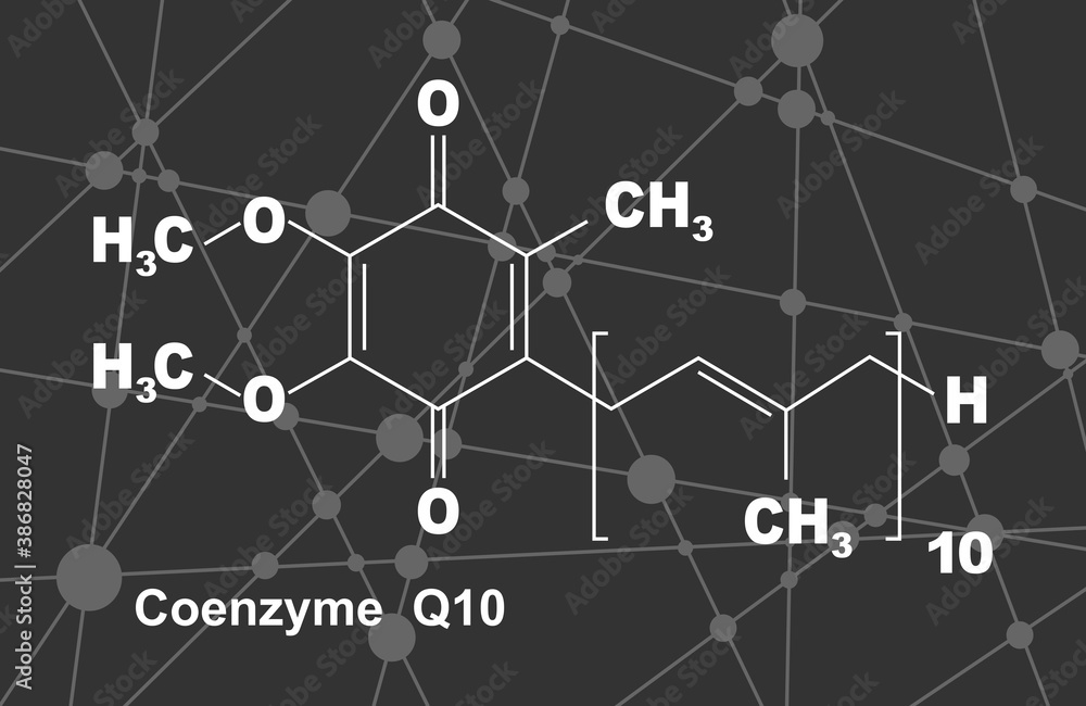 Coenzyme Q10 molecule, chemical structure. Production of cellular energy. Lines and dots connected background