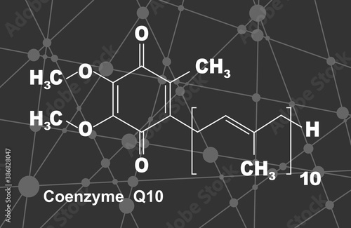 Coenzyme Q10 molecule, chemical structure. Production of cellular energy. Lines and dots connected background