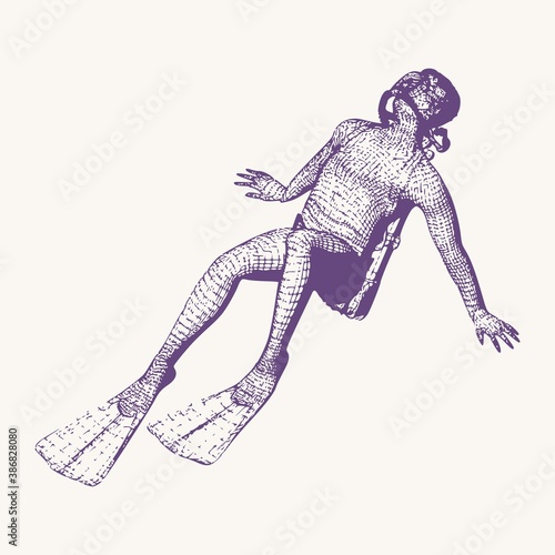Silhouette of diver. The concept of sport diving. Vintage engraved illustration