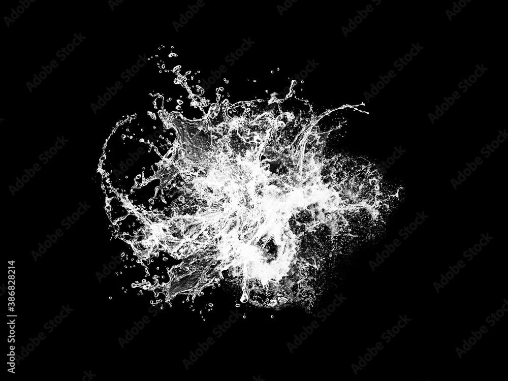 Obraz premium Stock image of water splash: High resolution water splashes isolated on black background. Royalty high-quality free stock photo image of water splash with bubbles of air on the black background