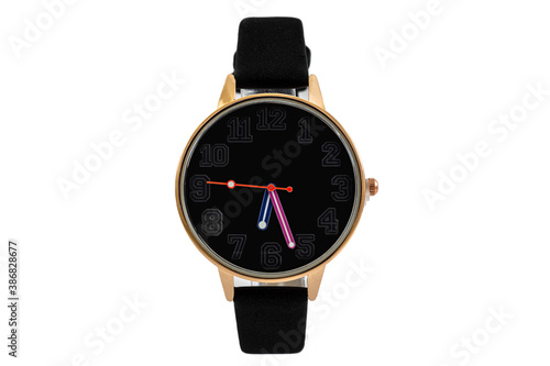 Classic fashion wristwatch with black leather strap and numerals on black dial face, isolated on white background.