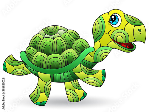 Illustration with a stained glass element, cute cartoon green turtle isolated on a white background