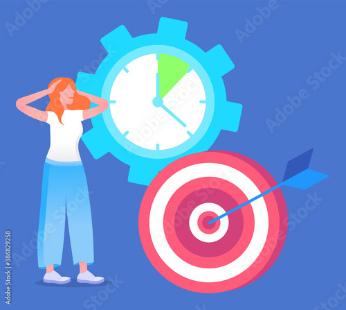 Woman in hurry, learning how to achieve goal, effective time management concept. Vector illustration clock with no time, deadline, necessity in effective management. Searching way to structure process