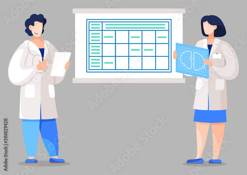 Man and woman on meeting talking about patients health and analysis of CT. Doctor and nurse discussing problems of diagnosis. Medical workers gathered on briefing in clinic, vector in flat style