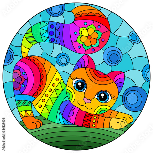 Illustration in stained glass style with abstract cute rainbow cat on a blue background, oval image