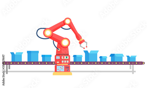 Factory product line workplace with crane electronic equipment and packages on way. Steel manufacturing construction sorting containers isolated on white. Transportation tool with boxes vector