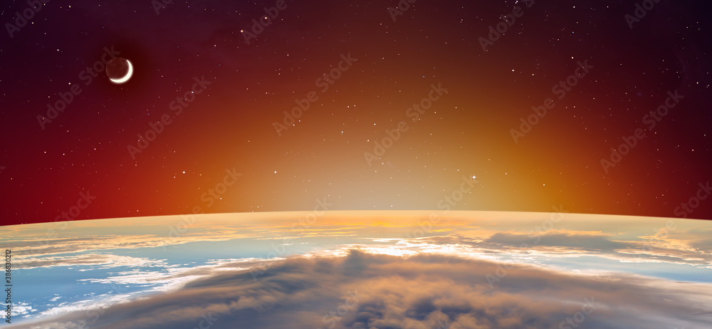 Planet Earth with spectacular sunset, crescent moon in the background Planet Earth with spectacular sunset, crescent moon in the background