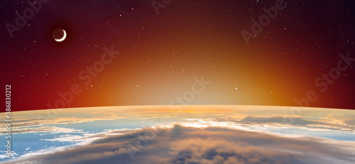 Planet Earth with spectacular sunset, crescent moon in the background "Elements of this image furnished by NASA"