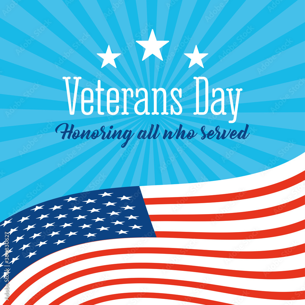 happy veterans day, waving american flag stars on blue sunburst background happy veterans day, waving american flag stars on blue sunburst background