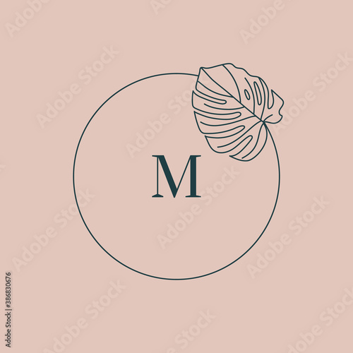 Monstera leaf Monogram design in simple minimal linear style. Vector Exotic Floral Wreath with Tropical leaves and the letter M for Beauty, SPA salon, Creative Studio