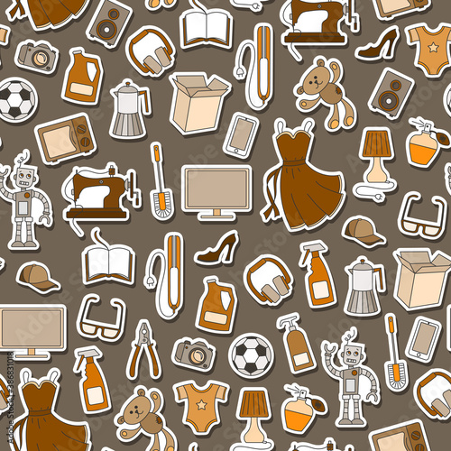 Seamless pattern on a theme of products and shopping, simple sticker icons, monochrome patches icons on a brown background