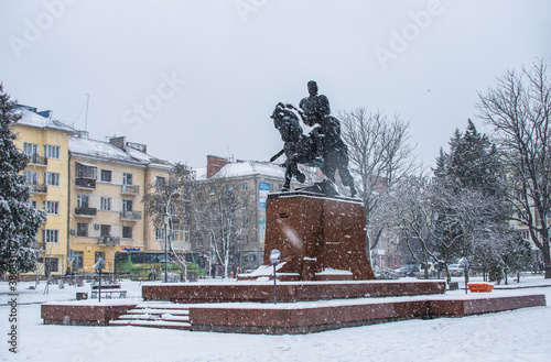 Snowy winter morning in Ternopil, Ukraine