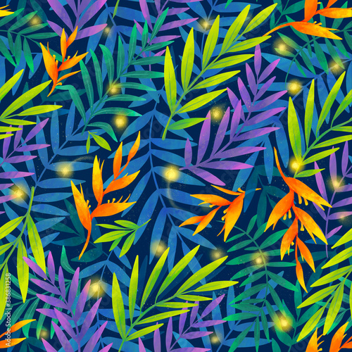 Vivid colors tropic leaves and flowers with fireflies, raster seamless pattern tile on dark blue background