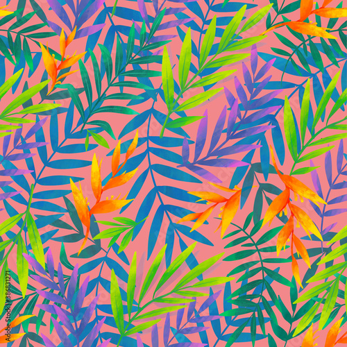 Colorful tropic leaves and flowers raster seamless pattern tile on vintage pink background